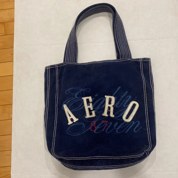 AEROPOSTALE Fabric Navy Blue Jean style Casual Tote Bag with white stitching - Picture 5 of 13